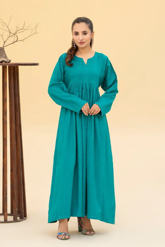 Picture of Zarlay - Khaddar Flowy Shirt Dress - Teal Green - Available at Raja Sahib