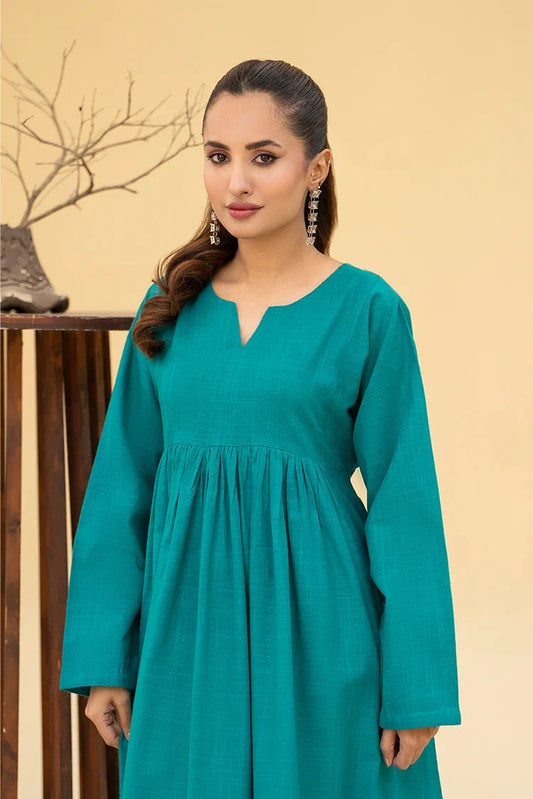 Picture of Zarlay - Khaddar Flowy Shirt Dress - Teal Green - Available at Raja Sahib
