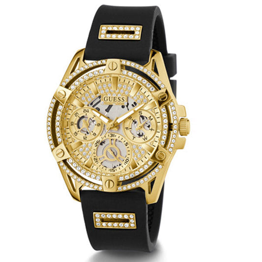 Picture of Guess Queen Black Silicone Strap Gold Dial Quartz Watch for Ladies - GW0536L3 - Available at Raja Sahib