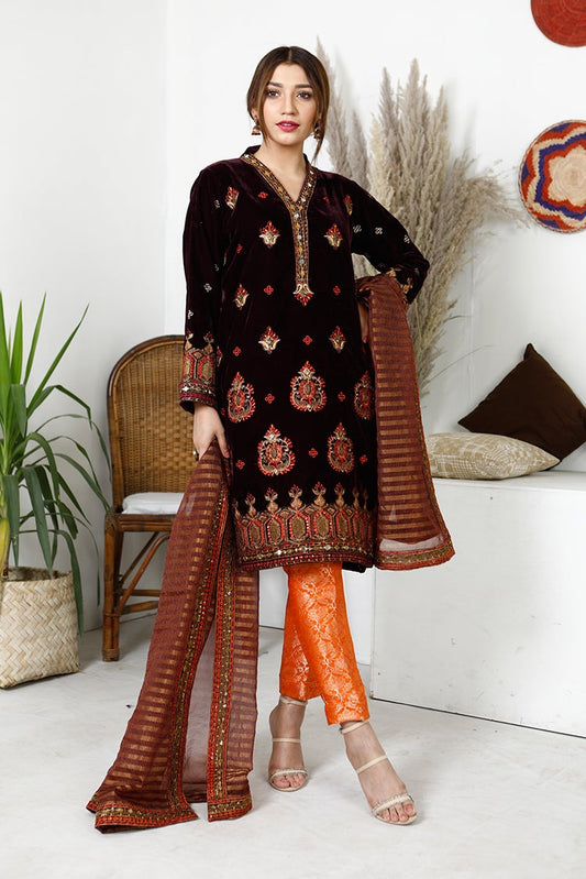 Picture of Ellena - Fancy Embroidered Velvet 3-PC Suit - Available at Raja Sahib