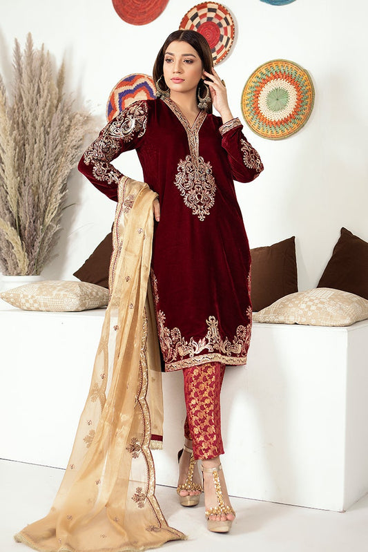 Picture of Ellena - Fancy Embroidered Velvet 3-PC Suit - Available at Raja Sahib