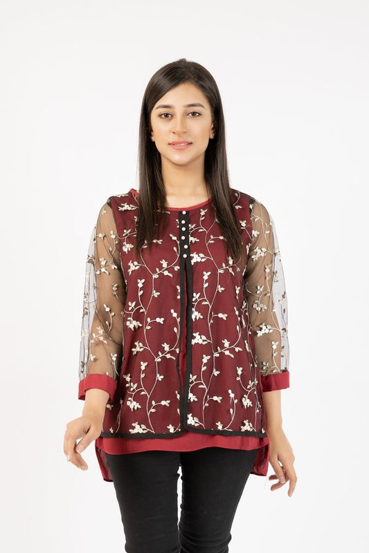 Picture of Ellena - Georgette Top With Floral Embroided Net - Available at Raja Sahib