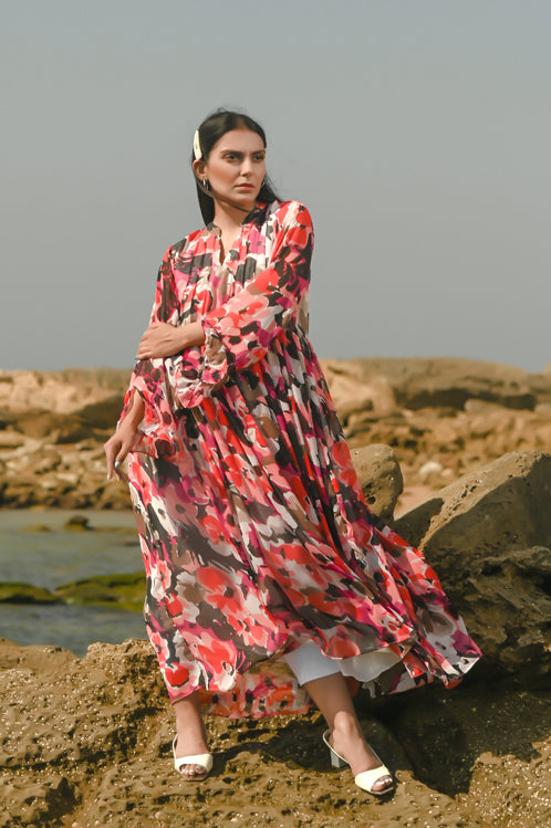 Ellena - Floral Print Chiffon Dress  Raja Sahib