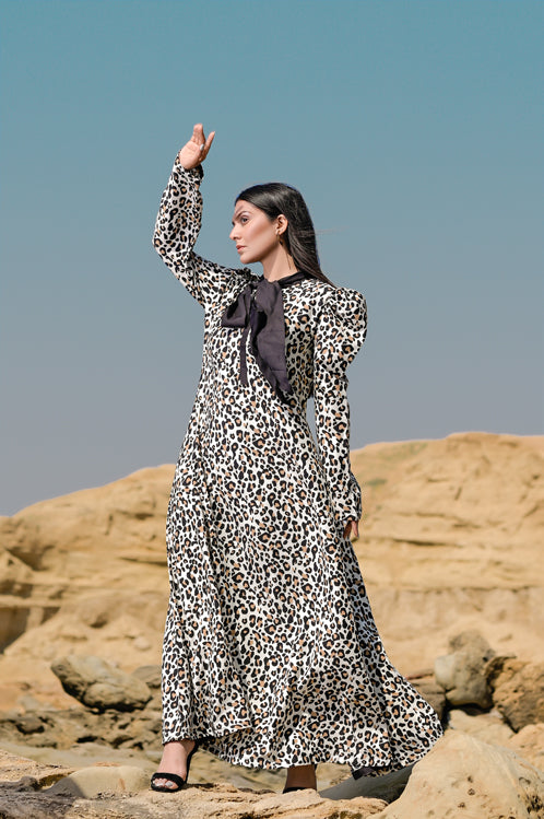 Picture of Ellena - Leopard Print Long Sleeve Georgette Dress - Available at Raja Sahib