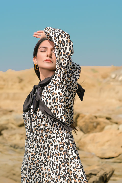 Picture of Ellena - Leopard Print Long Sleeve Georgette Dress - Available at Raja Sahib