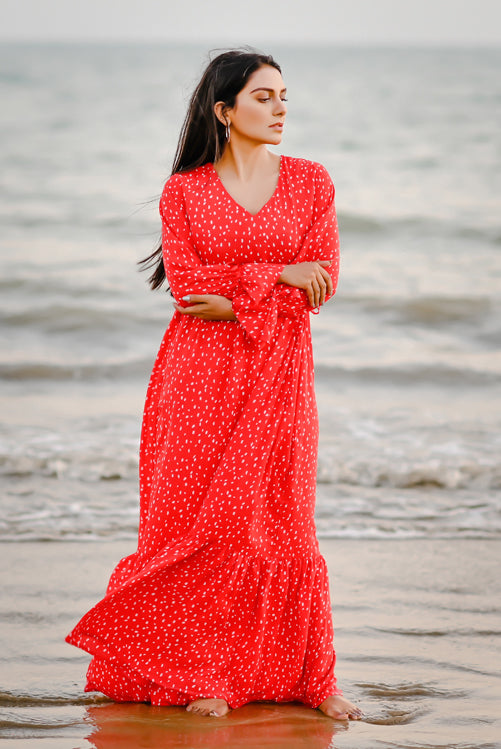Picture of Ellena - Elegant Polka Dot V-neck Dress - Available at Raja Sahib