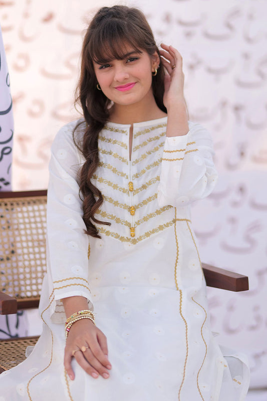 Picture of Senorita - GAC-02283 | White & Gold | Casual 2 Piece Suit | Cotton Jacquard - Available at Raja Sahib