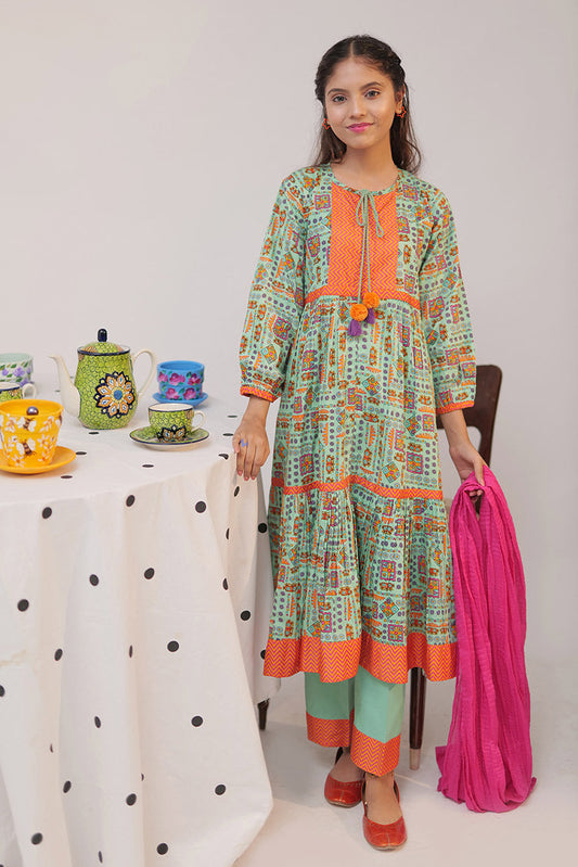 Picture of Senorita - GAD-02518 | Turquoise Green & Multicolor | Casual 3 Piece Suit | Cotton Cambric - Available at Raja Sahib