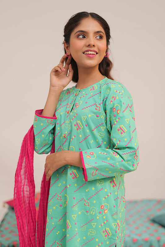 Picture of Senorita - GAD-02546 | Sea Green & Multicolor | Casual 3 Piece Suit | Cotton Cambric - Available at Raja Sahib