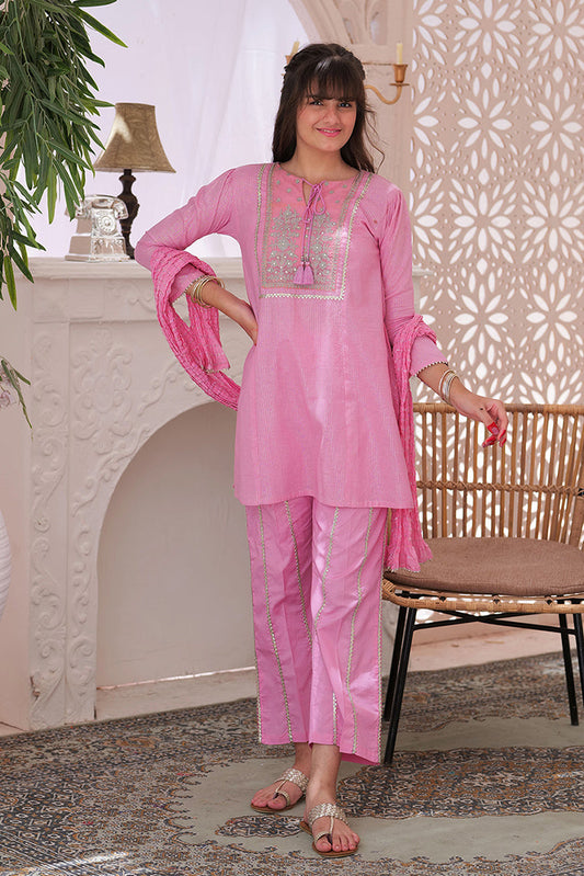 Picture of Senorita - GBD-02225 | Pink & Silver | Casual 3 Piece Suit | Cotton Fancy Yarn - Available at Raja Sahib