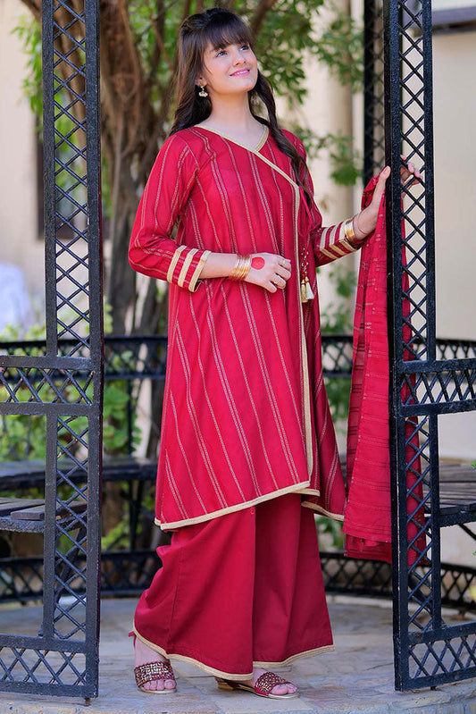 Picture of Senorita - GBD-02259 | Maroon & Gold | Casual 3 Piece Suit | Cotton Dobby - Available at Raja Sahib