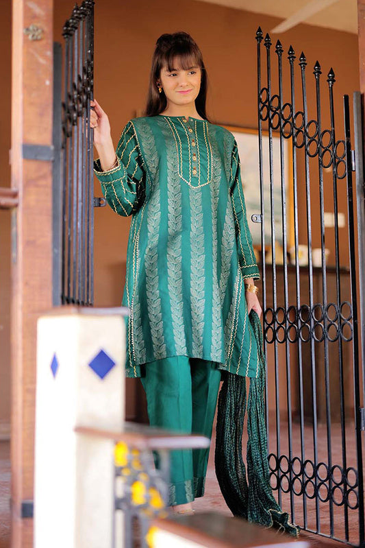 Picture of Senorita - GBD-02285 | Green & Gold | Casual 3 Piece Suit | Cotton Jacquard - Available at Raja Sahib