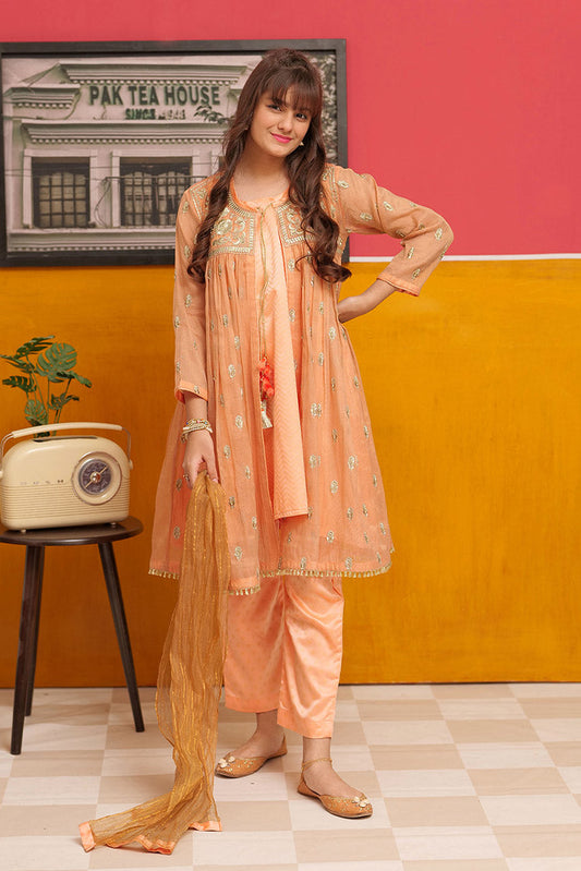 Picture of Senorita - GDD-02311 | Peach & Golden | Formal 3 Piece Suit | Banarsi Masuri Fabric - Available at Raja Sahib