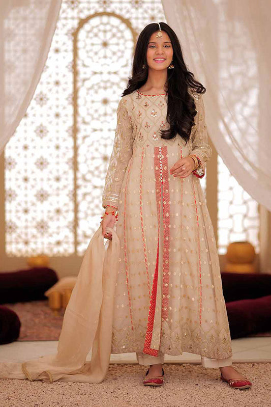Picture of Senorita - GDD-02374 | Fawn & Golden | Formal 3 Piece Suit | Organza Jacquard Crinkle Shafoon - Available at Raja Sahib