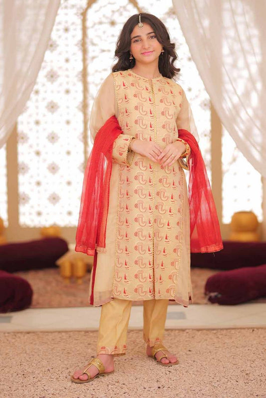 Picture of Senorita - GDD-02460 | Yellow & Red | Formal 3 Piece Suit | Marsuri Plain Jacquard - Available at Raja Sahib