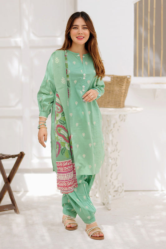 Picture of Senorita - LAD-02197 | Green | Casual 3 Piece Suit | Cotton Plain Embroidery - Available at Raja Sahib