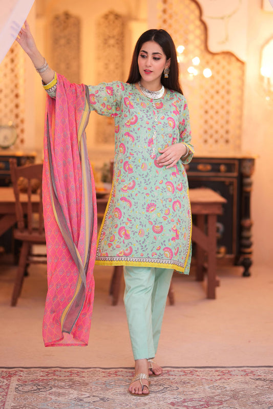 Picture of Senorita - LAD-02318 | Sea Green & Muliticolor | Casual 3 Piece Suit | Cotton Lawn Print - Available at Raja Sahib