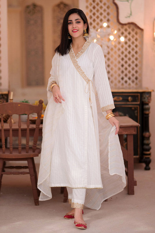 Picture of Senorita - LAD-02350 | White | Casual 3 Piece Suit | Cotton Dobby - Available at Raja Sahib
