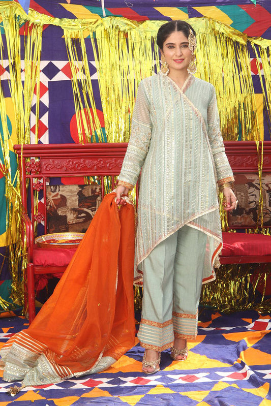 Picture of Senorita - LDD-01889 | Light Green & Golden | Formal 3 Piece Suit | Pure Banarsi Organza Self Strip - Available at Raja Sahib