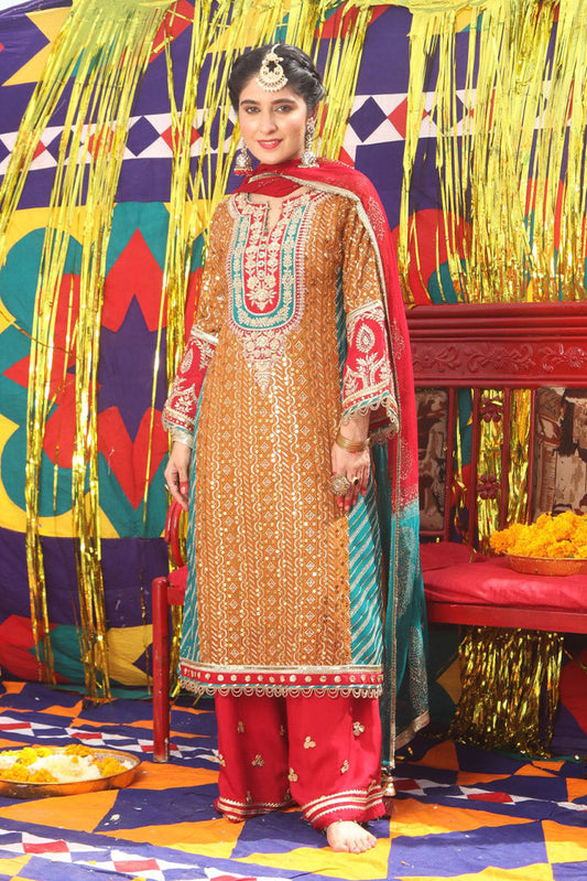 Picture of Senorita - LDD-01896 | Rust & Maroon | Formal 3 Piece Suit | Pure Banarsi Crinkle - Available at Raja Sahib