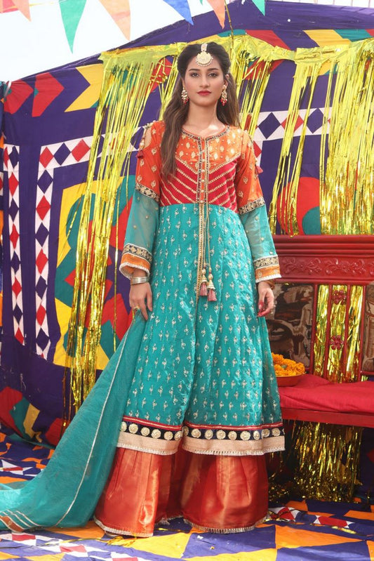 Picture of Senorita - LDD-01897| Tarqvise Green & Rust | Formal 3 Piece Suit | Pure Banarsi Organza Plain - Available at Raja Sahib