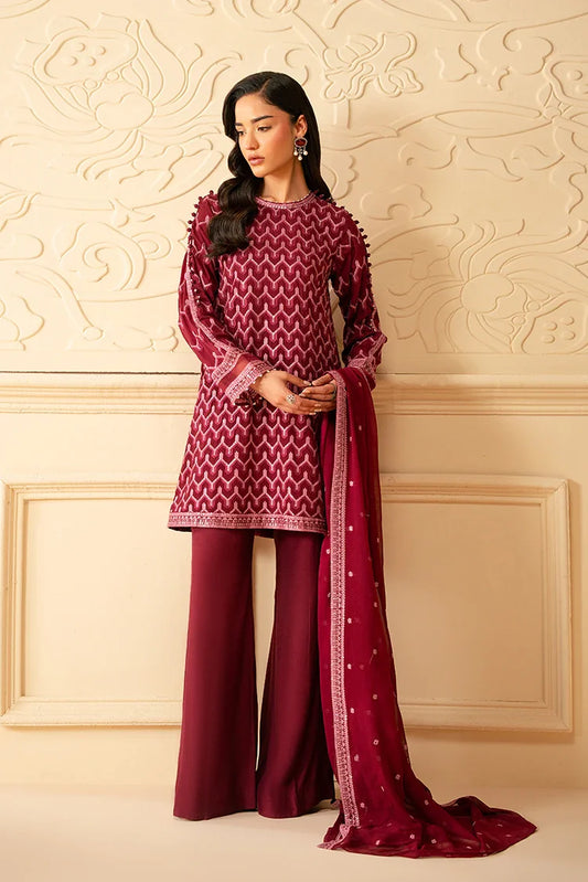 Picture of Cross Stitch - Luxe Atelier Unstitched Luxury Collection - Burgundy Bliss - Available at Raja Sahib