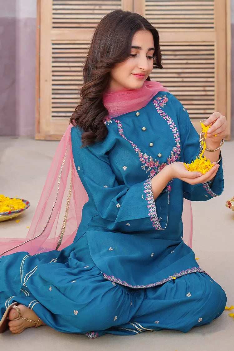 Picture of Modest - 3 Piece Rawsilk Embroidered Gharara - Available at Raja Sahib