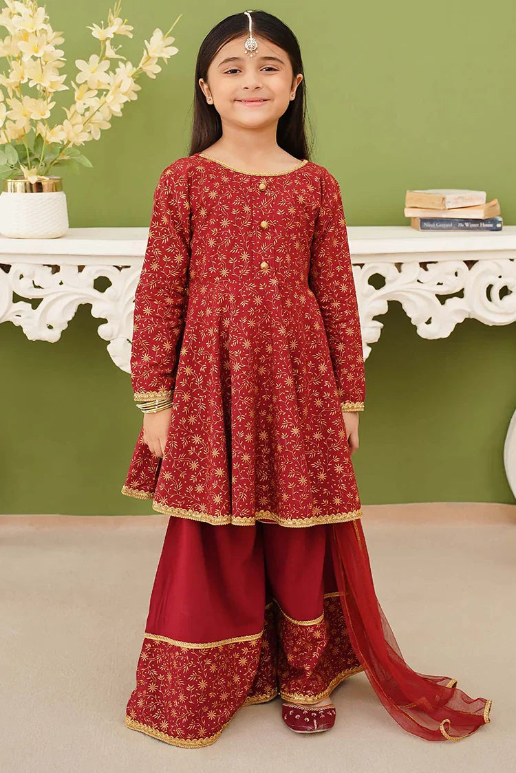 Picture of Modest - 3 Piece Maroon Printed Linen Gharara - Available at Raja Sahib
