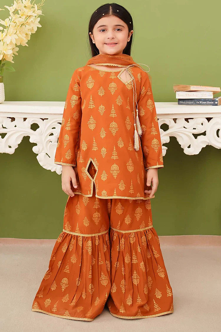 Picture of Modest - 3 Piece Printed Mustard Linen Gharara - Available at Raja Sahib