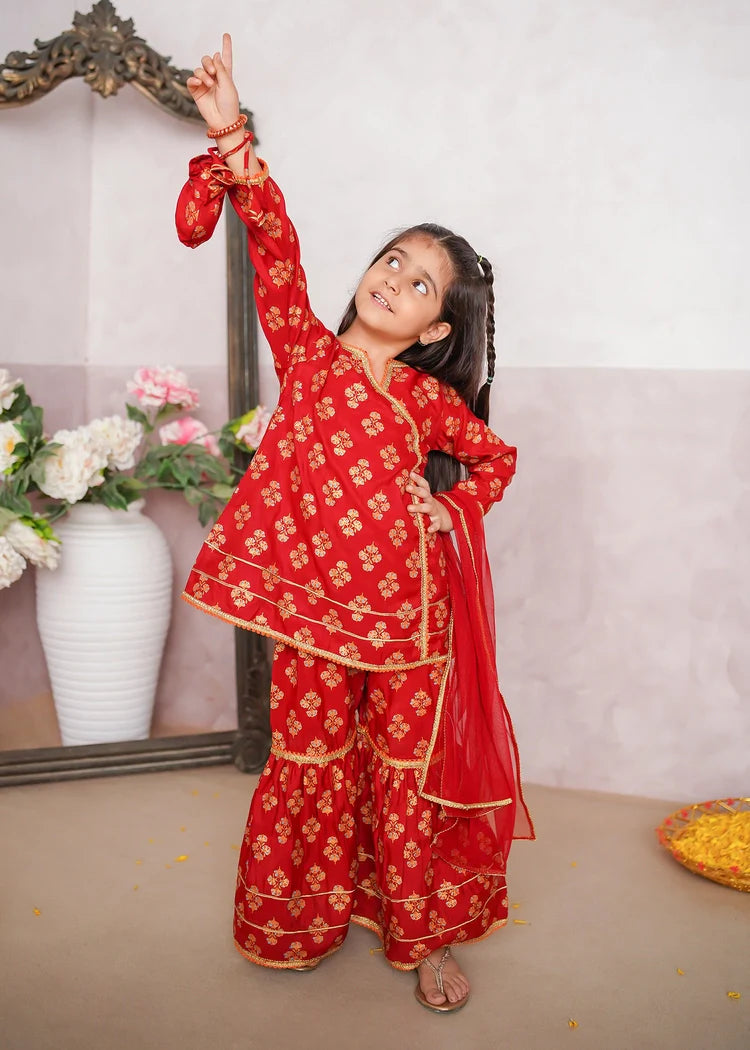 Picture of Modest - 3 Piece Rawsilk Printed Gharara - Available at Raja Sahib