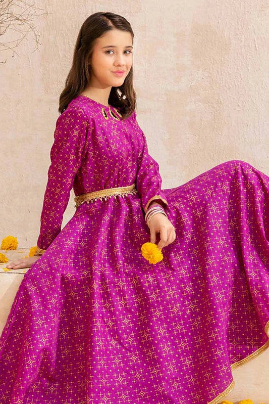 Picture of Modest - Meethi Eid - Purple Rawsilk Printed 3 Piece Frock - Available at Raja Sahib