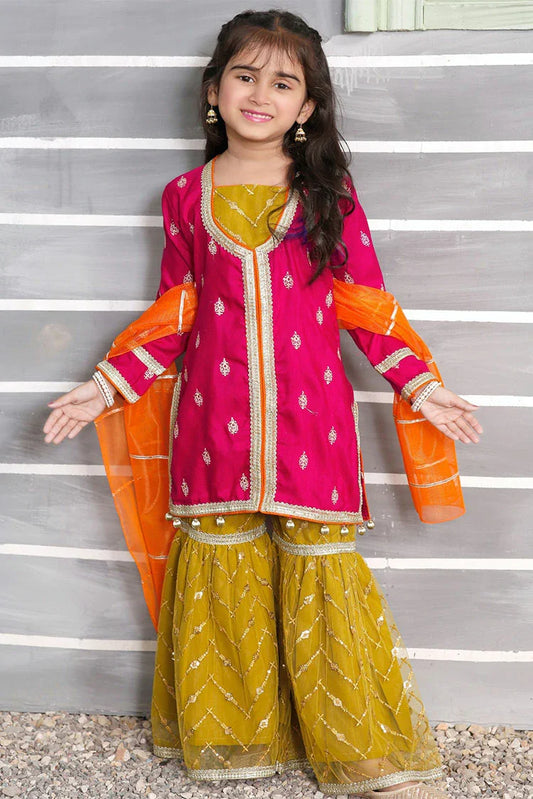 Picture of Modest - 3 Piece Rawsilk Embroidered Gharara - Available at Raja Sahib