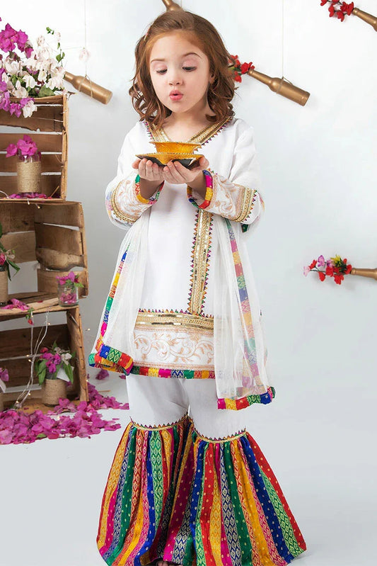 Picture of Modest - Girls White Raw Silk Wedding Dress - Available at Raja Sahib