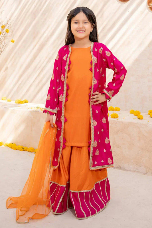 Picture of Modest - Meethi Eid - 3 Piece Orange Rawsilk Embroidered Gharara - Available at Raja Sahib