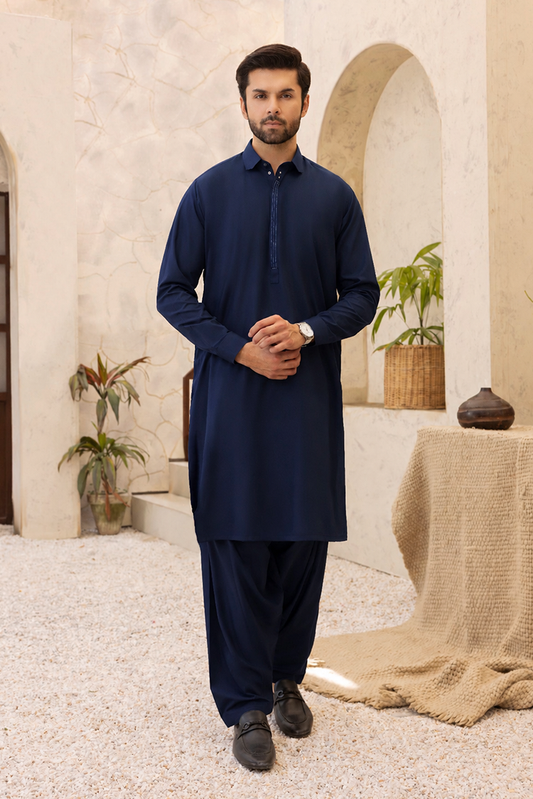 Picture of Black Pearl - Wash & Wear | Navy Collar Shalwar Kameez - Available at Raja Sahib