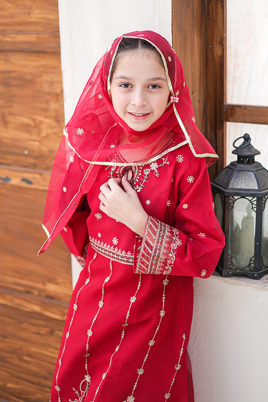 Suntex Fabrics - Girlz Eid Edit - Pishwas  Raspberry - 3 Piece
