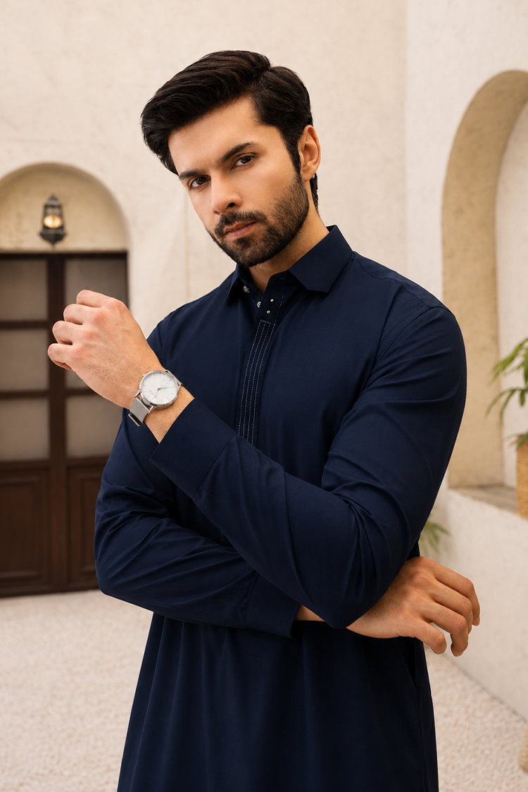 Picture of Black Pearl - Wash & Wear | Navy Collar Shalwar Kameez - Available at Raja Sahib
