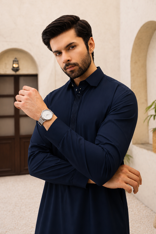 Picture of Black Pearl - Wash & Wear | Navy Collar Shalwar Kameez - Available at Raja Sahib
