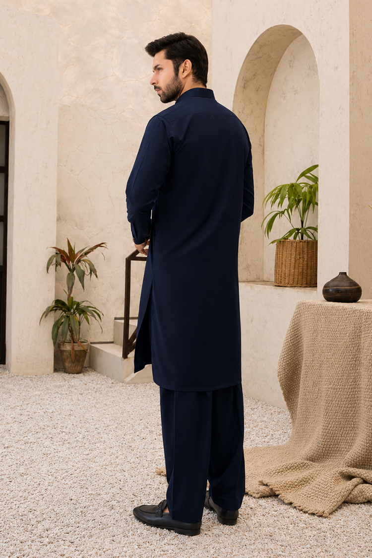 Picture of Black Pearl - Wash & Wear | Navy Collar Shalwar Kameez - Available at Raja Sahib