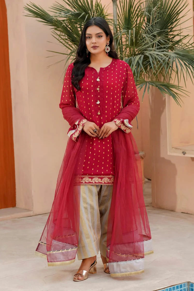 Picture of Abar - Farah Jawahir Collection - 3 Piece - Ruby Red - Available at Raja Sahib