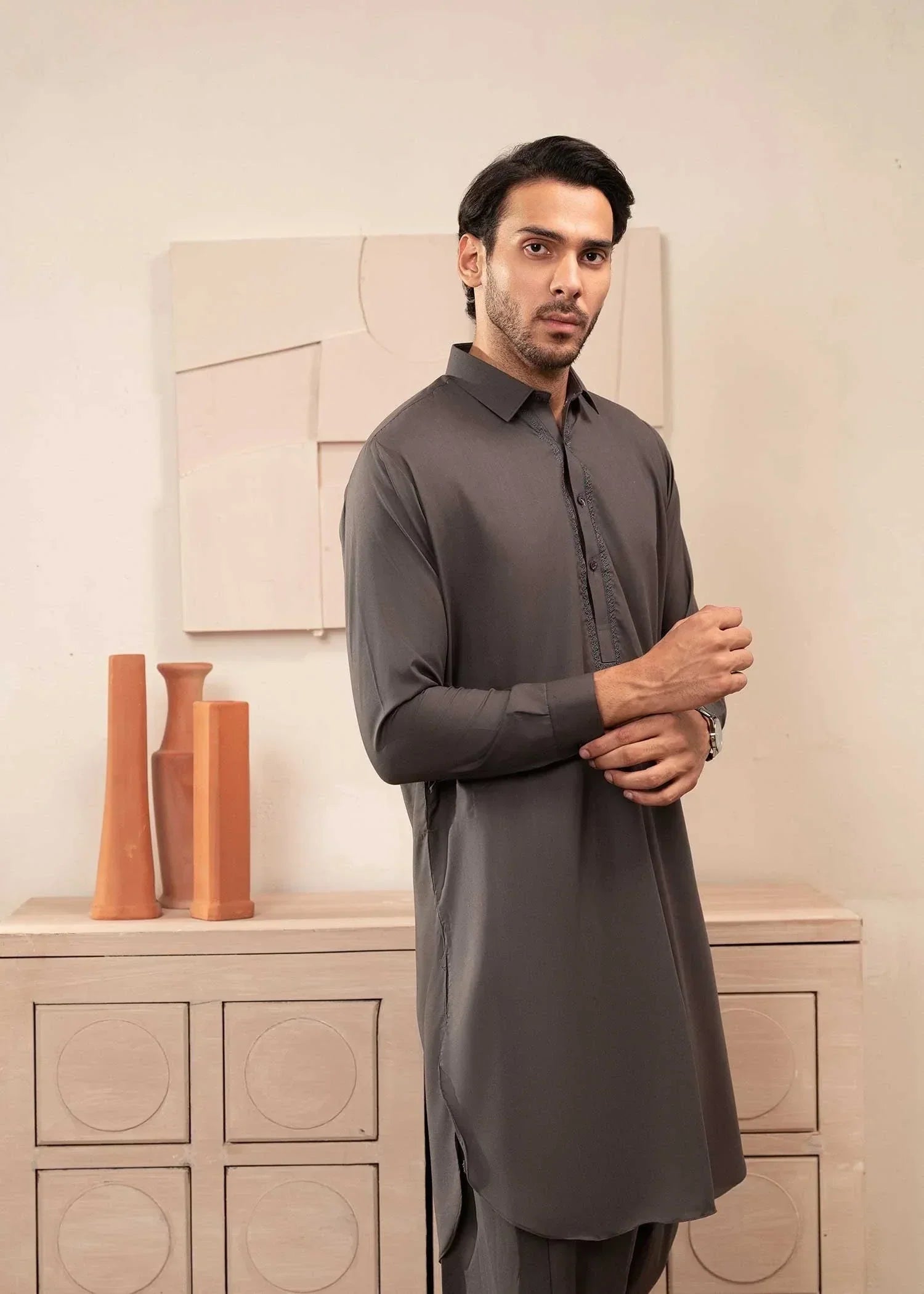 Picture of Wash & Wear | Grey Collared Shalwar Kameez - Available at Raja Sahib
