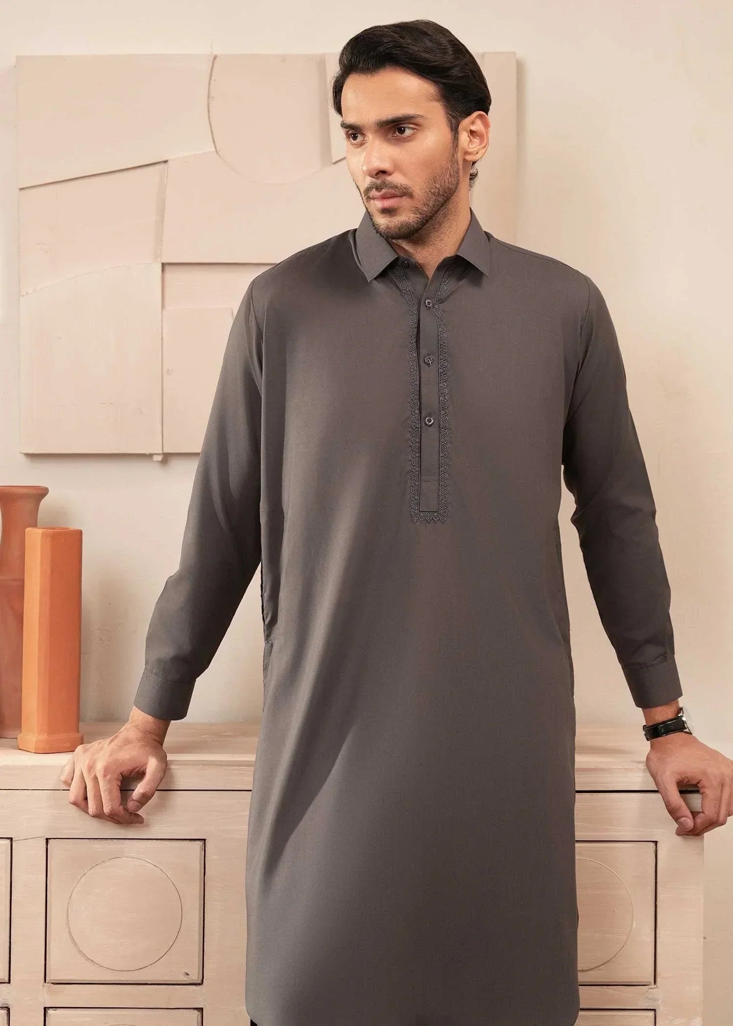 Picture of Wash & Wear | Grey Collared Shalwar Kameez - Available at Raja Sahib