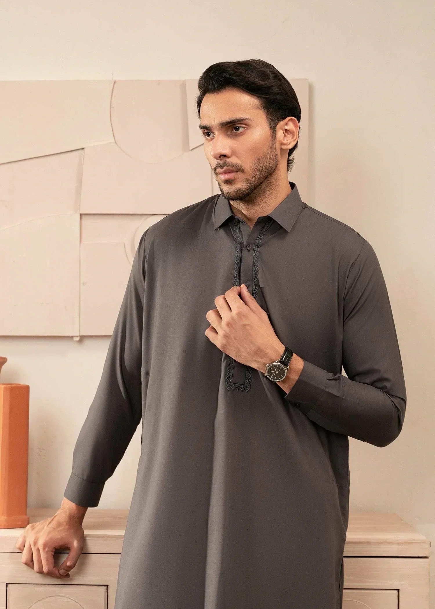 Picture of Wash & Wear | Grey Collared Shalwar Kameez - Available at Raja Sahib