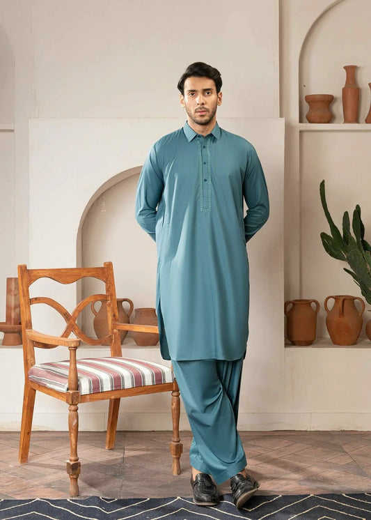 Picture of Wash & Wear | Aqua Collared Shalwar Kameez - Available at Raja Sahib