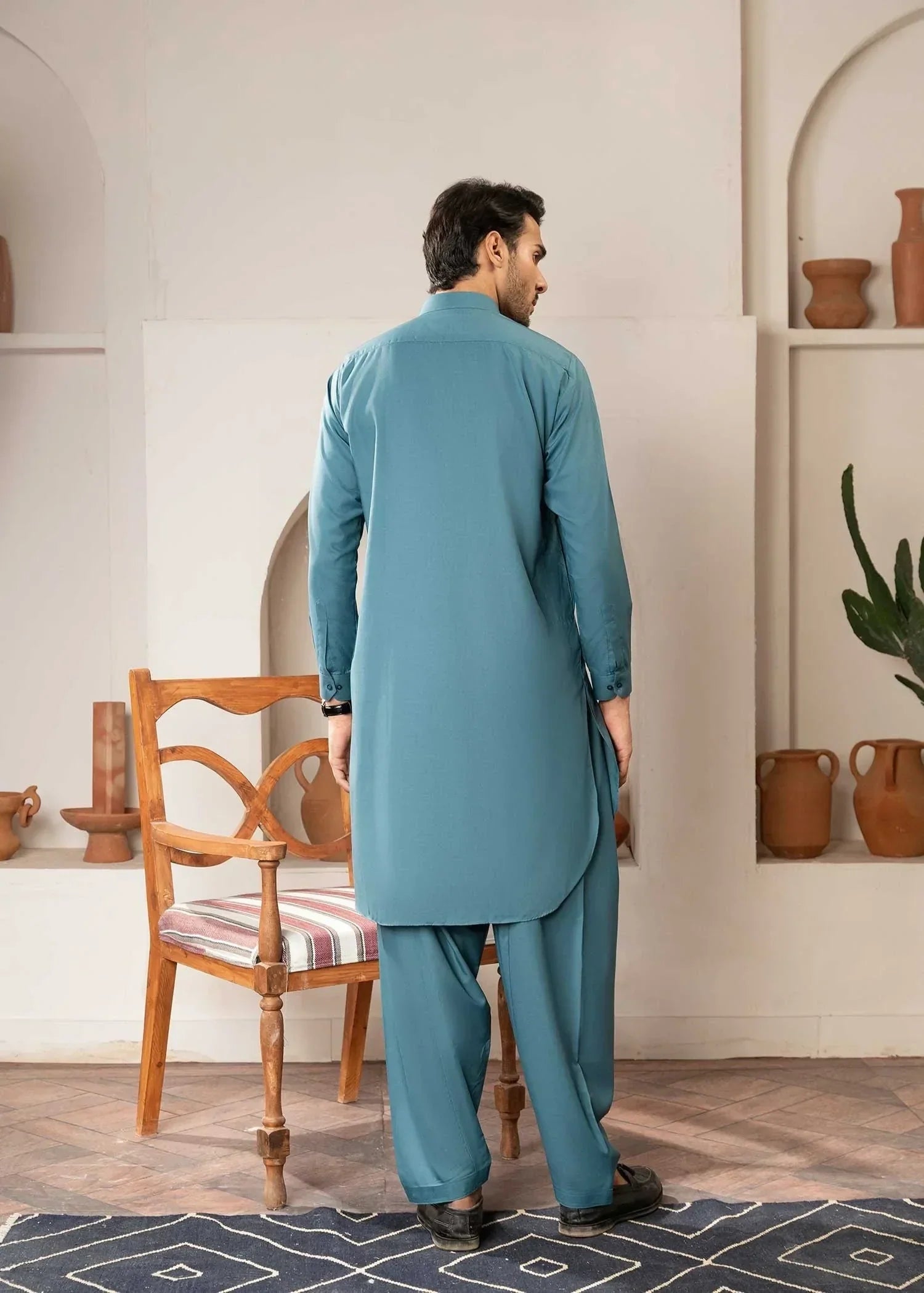 Picture of Wash & Wear | Aqua Collared Shalwar Kameez - Available at Raja Sahib