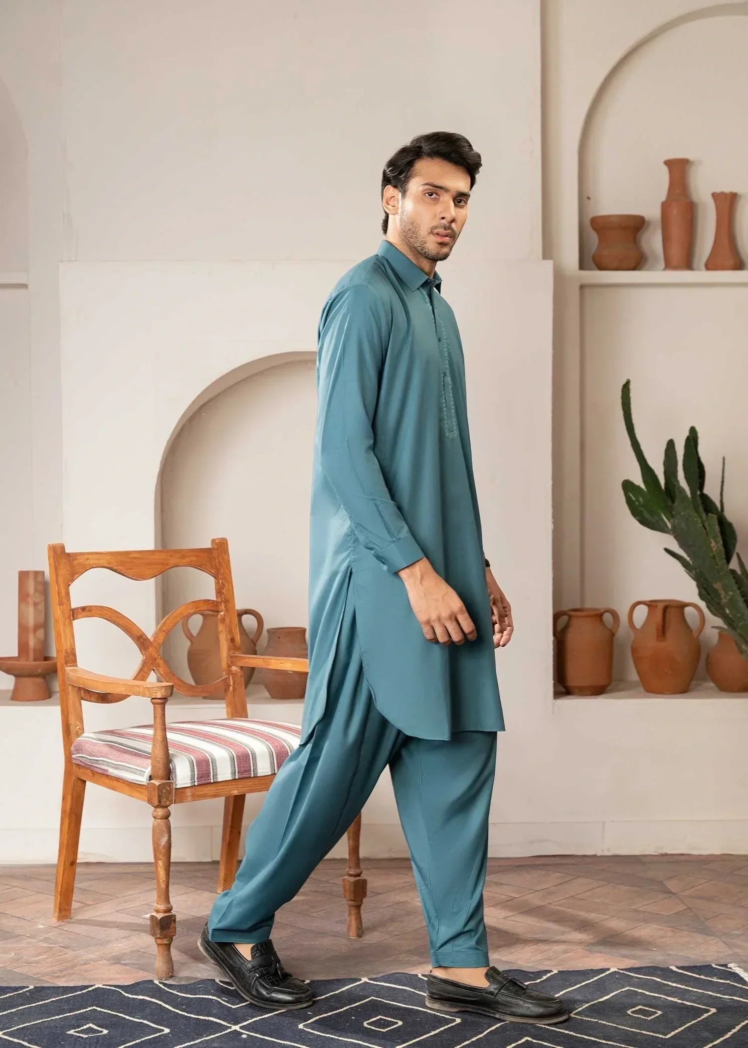 Picture of Wash & Wear | Aqua Collared Shalwar Kameez - Available at Raja Sahib