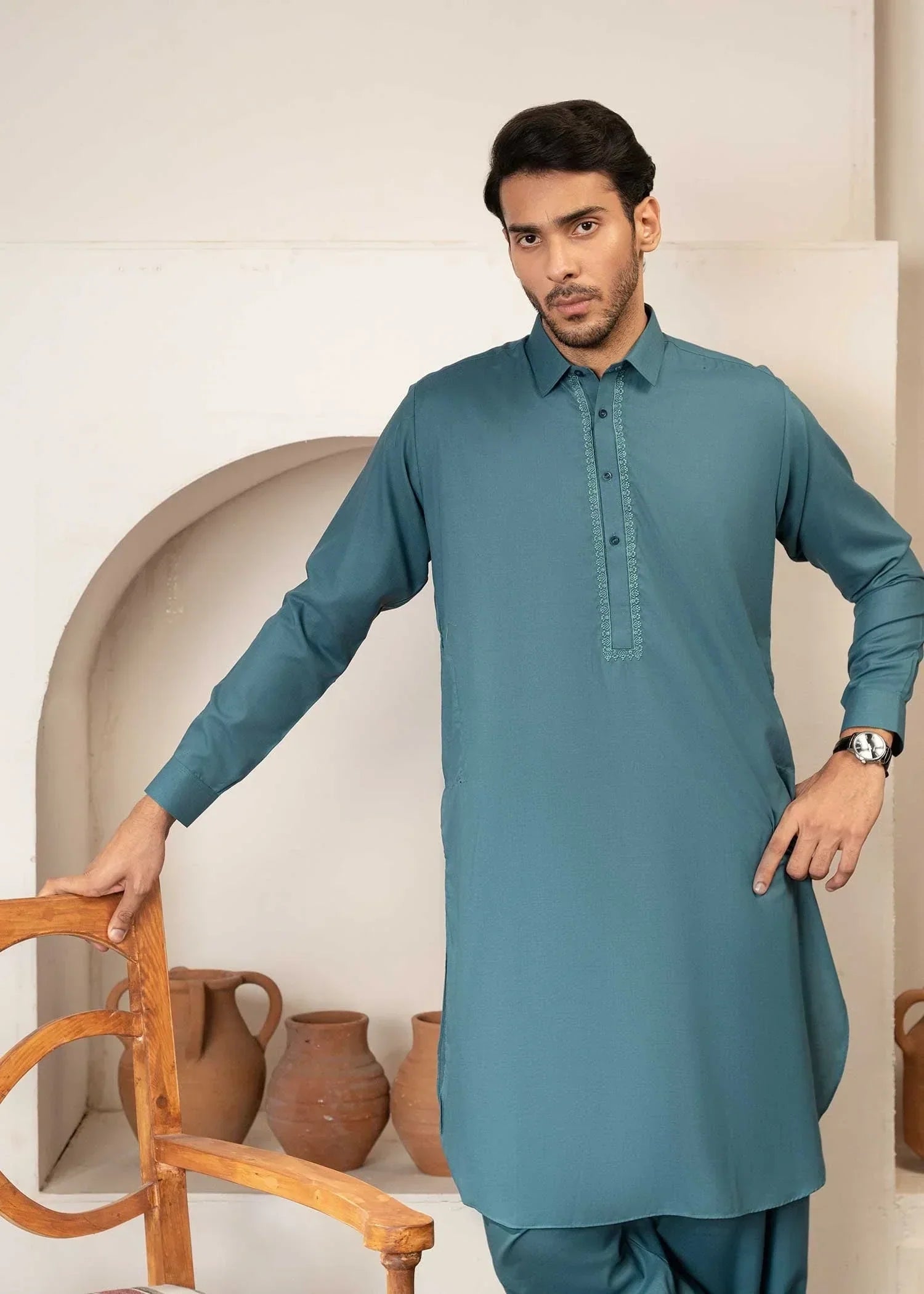 Picture of Wash & Wear | Aqua Collared Shalwar Kameez - Available at Raja Sahib