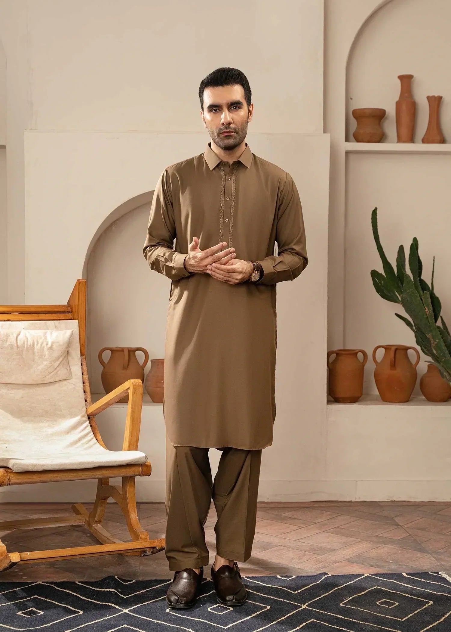 Picture of Wash & Wear | Brown Collared Shalwar Kameez - Available at Raja Sahib