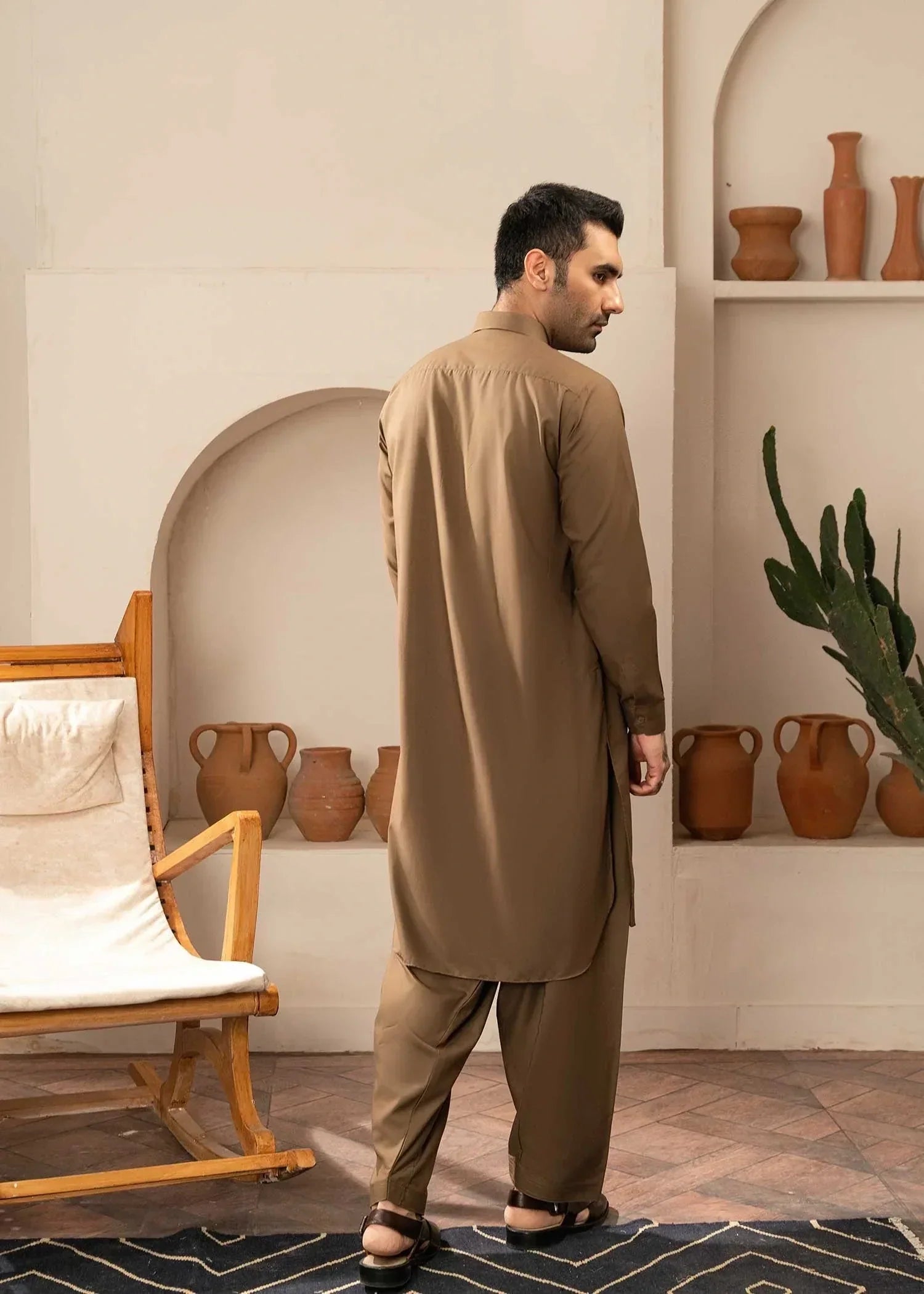 Picture of Wash & Wear | Brown Collared Shalwar Kameez - Available at Raja Sahib