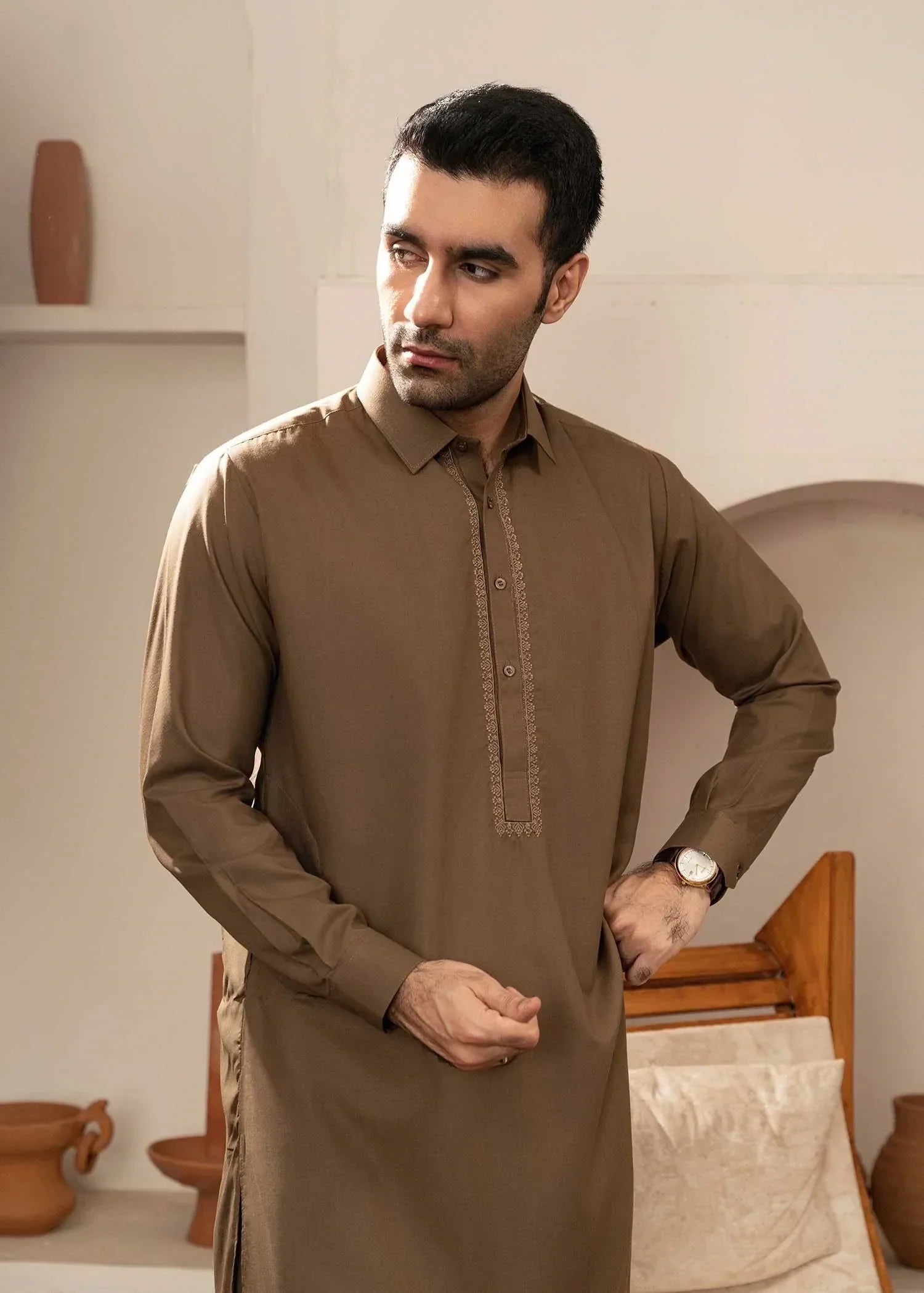Picture of Wash & Wear | Brown Collared Shalwar Kameez - Available at Raja Sahib